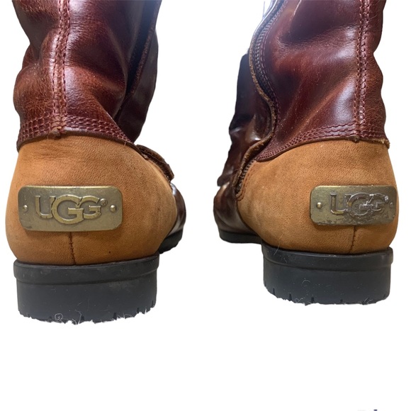 UGG Barolo Boots Brown Two Tone Leather Knee High Sheepskin Lined Sz 5.5 - Picture 4 of 6